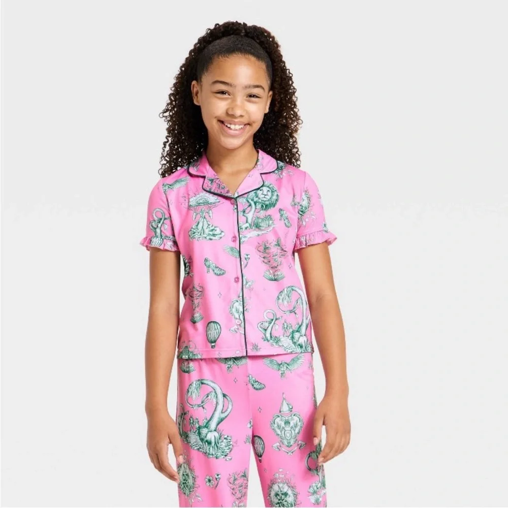 Girls Wicked Katie Kime 2pc Short Sleeve Button Down Shirt Pants Pajama Set Pink